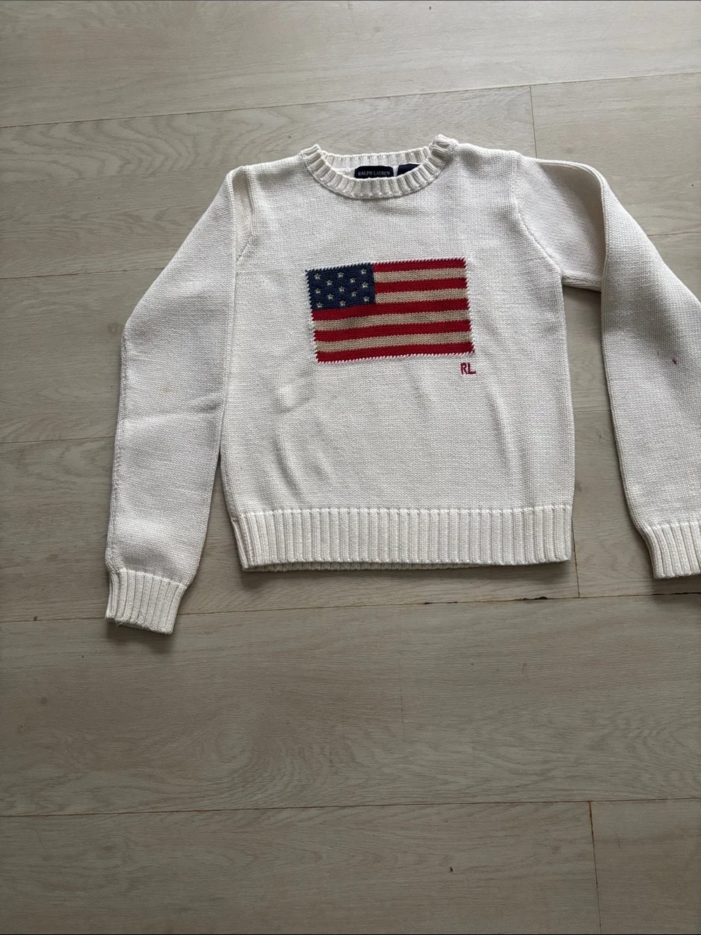 Ralph Lauren Cream Sweater with Embroidered American Flag